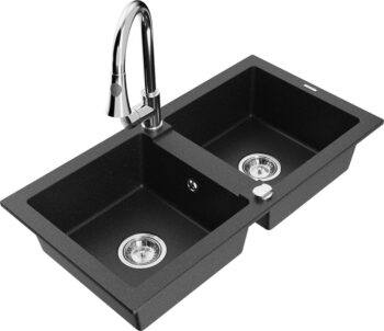 MEXEN/S MEXEN/S - Mario granitový drez 2-bowl vrátane batérie Elia, čierna/strieborná metalík 6504-73-670101-00