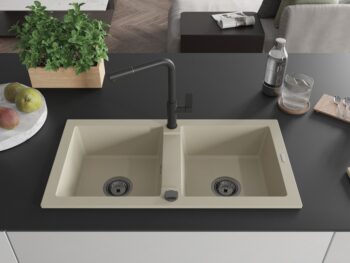 MEXEN/S MEXEN/S - Mario granitový drez 2-bowl vrátane batérie Flora, béžová 6504-69-670401-70-B