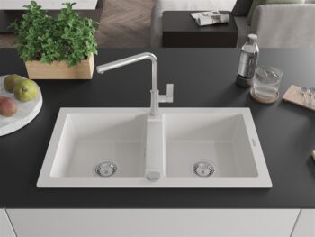 MEXEN/S MEXEN/S - Mario granitový drez 2-bowl vrátane batérie Flora, biela 6504-20-670401-00