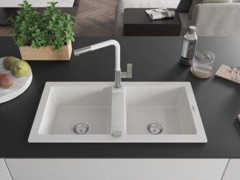 MEXEN/S MEXEN/S - Mario granitový drez 2-bowl vrátane batérie Flora, biela 6504-20-670401-02