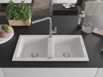 MEXEN/S MEXEN/S - Mario granitový drez 2-bowl vrátane batérie Flora, biela 6504-20-670401-06
