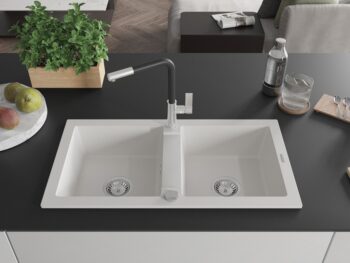 MEXEN/S MEXEN/S - Mario granitový drez 2-bowl vrátane batérie Flora, biela 6504-20-670401-07