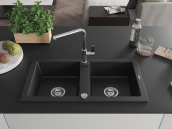MEXEN/S MEXEN/S - Mario granitový drez 2-bowl vrátane batérie Flora, čierna 6504-77-670401-00