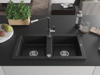 MEXEN/S MEXEN/S - Mario granitový drez 2-bowl vrátane batérie Flora, čierna 6504-77-670401-07