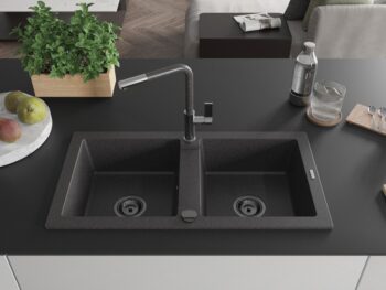 MEXEN/S MEXEN/S - Mario granitový drez 2-bowl vrátane batérie Flora, čierna kropenatá 6504-76-670401-08-B