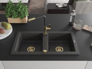 MEXEN/S MEXEN/S - Mario granitový drez 2-bowl vrátane batérie Flora, čierna kropenatá 6504-76-670401-57-G