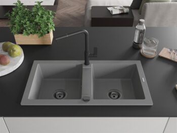 MEXEN/S MEXEN/S - Mario granitový drez 2-bowl vrátane batérie Flora, šedá 6504-71-670401-70-B