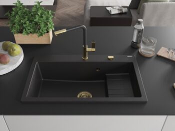 MEXEN/S MEXEN/S - Omar granitový drez 800 x 480 mm, čierna, zlatý sifón 6520801005-77-G