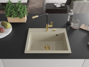 MEXEN/S MEXEN/S - Oscar granitový drez 580 x 490 mm, béžová, zlatý sifón 6519581000-69-G