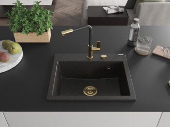 MEXEN/S MEXEN/S - Oscar granitový drez 580 x 490 mm, čierna/zlatá metalík, zlatý sifón 6519581000-75-G