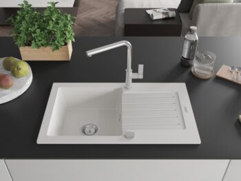 MEXEN/S MEXEN/S - Pablo granitový drez 1 s odkvapkávačom vrátane batérie Flora, biela 6510-20-670401-00