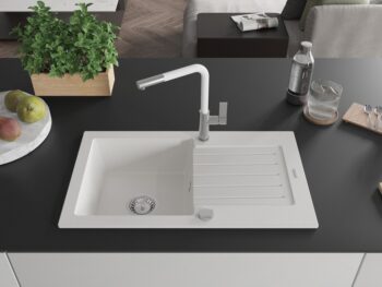 MEXEN/S MEXEN/S - Pablo granitový drez 1 s odkvapkávačom vrátane batérie Flora, biela 6510-20-670401-02