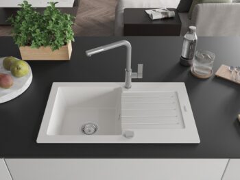 MEXEN/S MEXEN/S - Pablo granitový drez 1 s odkvapkávačom vrátane batérie Flora, biela 6510-20-670401-06