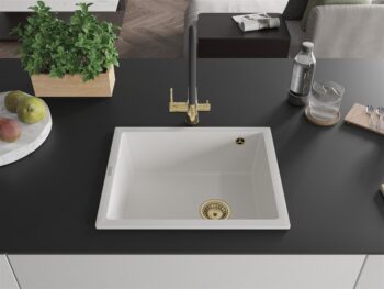 MEXEN/S MEXEN/S - Pedro granitový drez 1-miska 560 x 460 mm, biela, sifón zlatá 6508561000-20-G