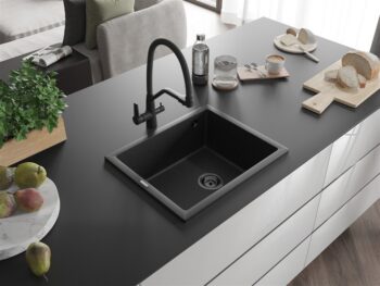 MEXEN/S MEXEN/S - Pedro granitový drez 1-miska 560 x 460 mm, čierna/strieborná metalík, sifón čierna 6508561000-73-B