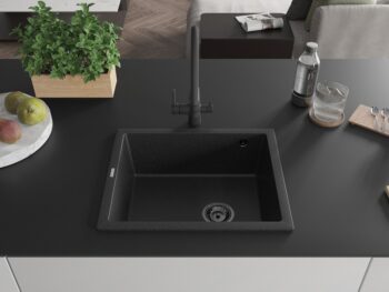 MEXEN/S MEXEN/S - Pedro granitový drez 1-miska 560 x 460 mm, čierna/strieborná metalík, sifón čierna 6508561000-73-B
