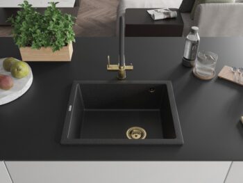 MEXEN/S MEXEN/S - Pedro granitový drez 1-miska 560 x 460 mm, čierna/strieborná metalík, sifón čierna 6508561000-73-G