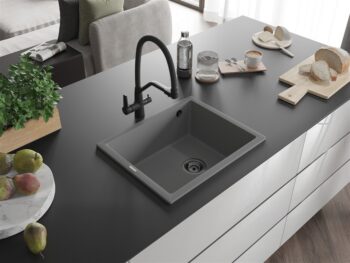 MEXEN/S MEXEN/S - Pedro granitový drez 1-miska 560 x 460 mm, sivá, sifón čierna 6508561000-71-B