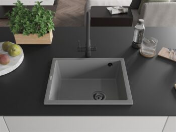 MEXEN/S MEXEN/S - Pedro granitový drez 1-miska 560 x 460 mm, sivá, sifón čierna 6508561000-71-B