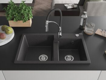 MEXEN/S MEXEN/S - Tomas granitový drez 2-bowl vrátane batérie Aster, čierna kropenatá 6516-76-73450-07