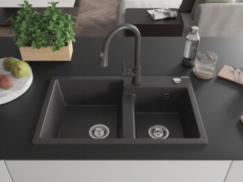 MEXEN/S MEXEN/S - Tomas granitový drez 2-bowl vrátane batérie Elia, čierna kropenatá 6516-76-670101-76