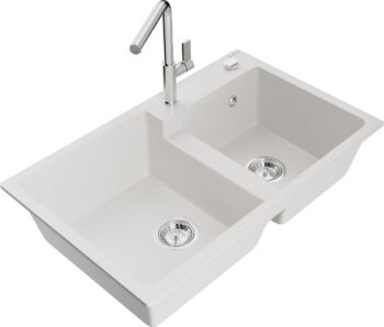 MEXEN/S MEXEN/S - Tomas granitový drez 2-bowl vrátane batérie Flora, biela 6516-20-670401-00