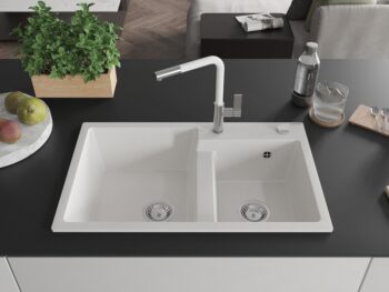 MEXEN/S MEXEN/S - Tomas granitový drez 2-bowl vrátane batérie Flora, biela 6516-20-670401-02