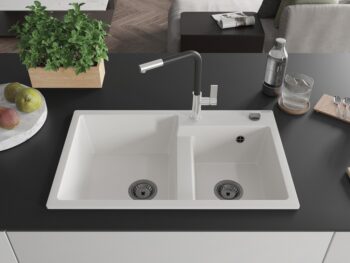 MEXEN/S MEXEN/S - Tomas granitový drez 2-bowl vrátane batérie Flora, biela 6516-20-670401-07-B
