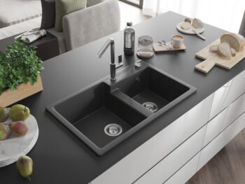 MEXEN/S MEXEN/S - Tomas granitový drez 2-bowl vrátane batérie Flora, čierna kropenatá 6516-76-670401-00