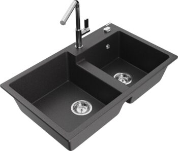 MEXEN/S MEXEN/S - Tomas granitový drez 2-bowl vrátane batérie Flora, čierna kropenatá 6516-76-670401-00