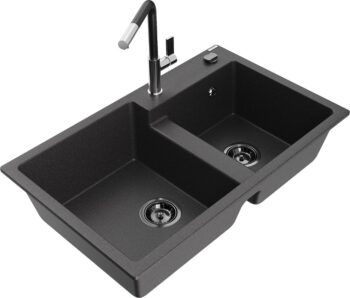 MEXEN/S MEXEN/S - Tomas granitový drez 2-bowl vrátane batérie Flora, čierna kropenatá 6516-76-670401-07-B