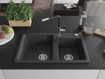 MEXEN/S MEXEN/S - Tomas granitový drez 2-bowl vrátane batérie Flora, čierna kropenatá 6516-76-670401-07