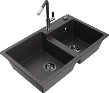 MEXEN/S MEXEN/S - Tomas granitový drez 2-bowl vrátane batérie Flora, čierna kropenatá 6516-76-670401-08-B