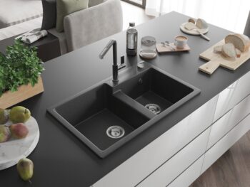 MEXEN/S MEXEN/S - Tomas granitový drez 2-bowl vrátane batérie Flora, čierna kropenatá 6516-76-670401-08