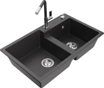 MEXEN/S MEXEN/S - Tomas granitový drez 2-bowl vrátane batérie Flora, čierna kropenatá 6516-76-670401-08