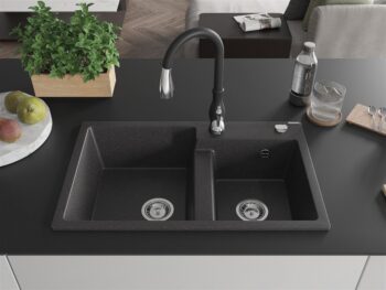 MEXEN/S MEXEN/S - Tomas granitový drez 2-bowl vrátane batérie Savita, čierna kropenatá 6516-76-672601-70