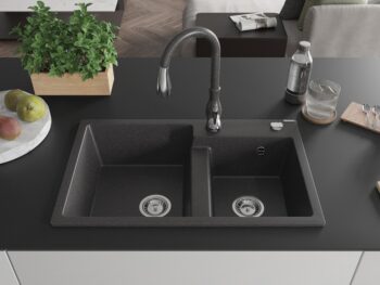 MEXEN/S MEXEN/S - Tomas granitový drez 2-bowl vrátane batérie Savita, čierna kropenatá 6516-76-672601-76