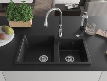 MEXEN/S MEXEN/S - Tomas granitový drez 2-bowl vrátane batérie Savita, čierna/strieborná metalík 6516-73-672601-00