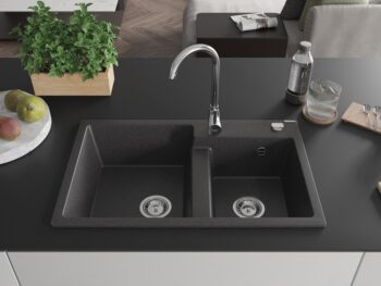 MEXEN/S MEXEN/S - Tomas granitový drez 2-bowl vrátane batérie Telma, čierna kropenatá 6516-76-670200-00