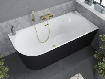 MEXEN/S - Mia voľne stojaca rohová vaňa pravá 150 x 75, biela/čierna, sifón a prepad kartáčované zlato 52691507575P-55