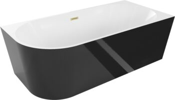 MEXEN/S - Mia voľne stojaca rohová vaňa pravá 160 x 75, biela/čierna, sifón a prepad kartáčované zlato 52691607575P-55
