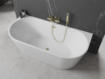MEXEN/S - Oval vaňa voľne stojaca nástenná 150 x 75, biela, sifón a prepad zlatá 52671507500-50