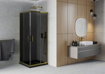 MEXEN/S - Rio sprchovací kút štvorec 80x80, grafit, zlatá + čierna vanička so sifónom 860-080-080-50-40-4070G
