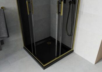 MEXEN/S - Rio sprchovací kút štvorec 80x80, grafit, zlatá + čierna vanička so sifónom 860-080-080-50-40-4070G