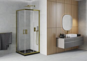 MEXEN/S - Rio sprchovací kút štvorec 80x80, transparent, zlatá + čierna vanička so sifónom 860-080-080-50-00-4070G