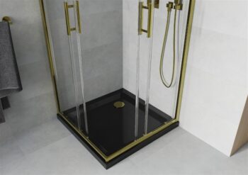 MEXEN/S - Rio sprchovací kút štvorec 80x80, transparent, zlatá + čierna vanička so sifónom 860-080-080-50-00-4070G