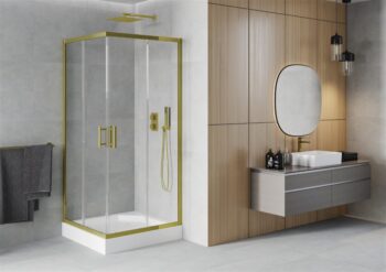 MEXEN/S - Rio sprchovací kút štvorec 90 x 90, transparent, zlato + vanička Rio vrátane výpuste 860-090-090-50-00-4510