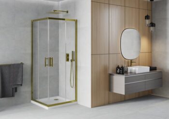 MEXEN/S - Rio sprchovací kút štvorec 90x90, transparent, zlatá + biela vanička so sifónom 860-090-090-50-00-4010G