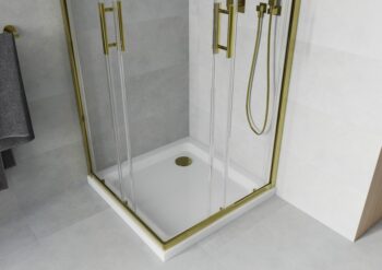 MEXEN/S - Rio sprchovací kút štvorec 90x90, transparent, zlatá + biela vanička so sifónom 860-090-090-50-00-4010G