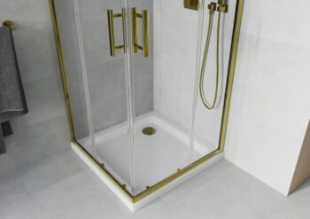 MEXEN/S - Rio sprchovací kút štvorec 90x90, transparent, zlatá + biela vanička so sifónom 860-090-090-50-00-4010G